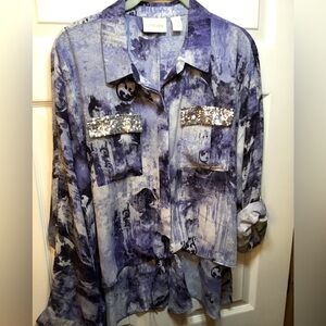 Chico’s Blue Sheer Sequin Embellished Shirt Sz 2 (12-14)